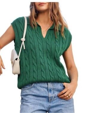 Green Cable-Knit V-Neck Sweater Vest